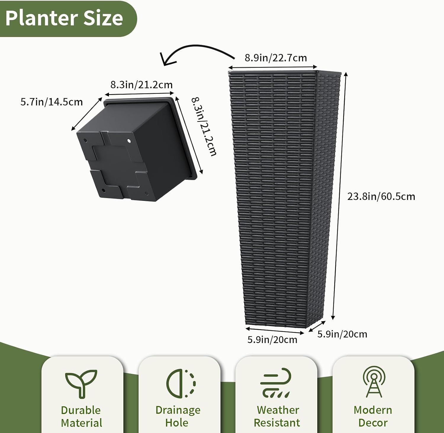 EVLIQUIL 23.8 Inch Tall Planters Set of 2 with Drainage Holes, Black | Large Rattan Textured Indoor & Outdoor