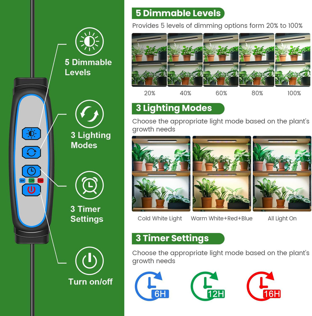 14in Grow Light Strip for Indoor Plants, Full Spectrum | 4 Bars, 105 White/Red/Blue LEDs per Strip, Timer & Dimming