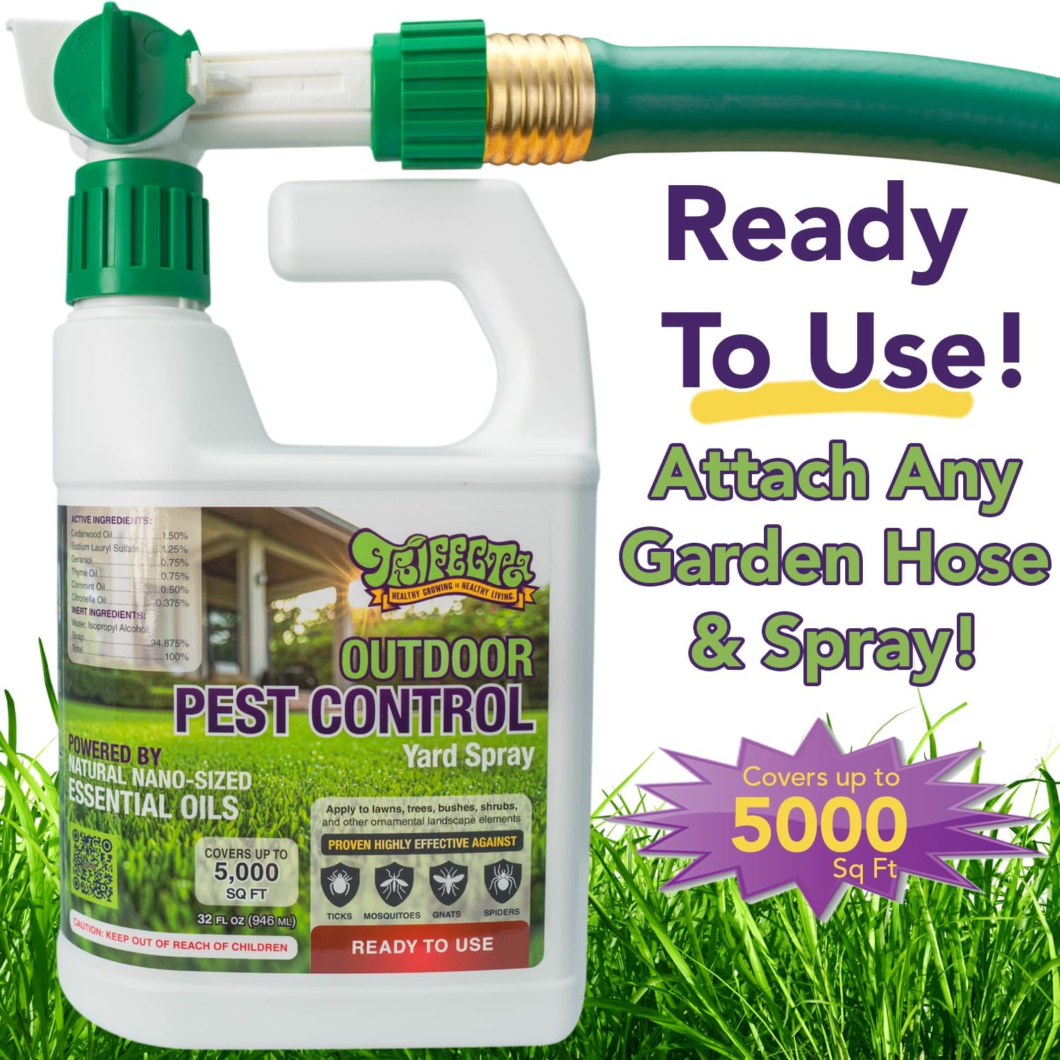 Trifecta Ready-to-Use Outdoor Pest Control Spray | 32 oz | Essential-Oil Yard Spray For Mosquitoes, Ants, Fleas, Ticks