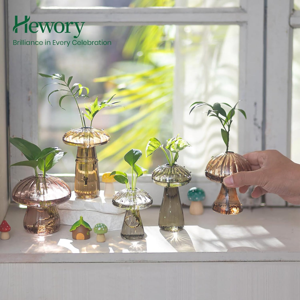 Hewory Plant Propagation Station: 5PCS Amber Glass Mushroom Vase for Flower | Propagation Vases, Mushroom Decor, Gifts