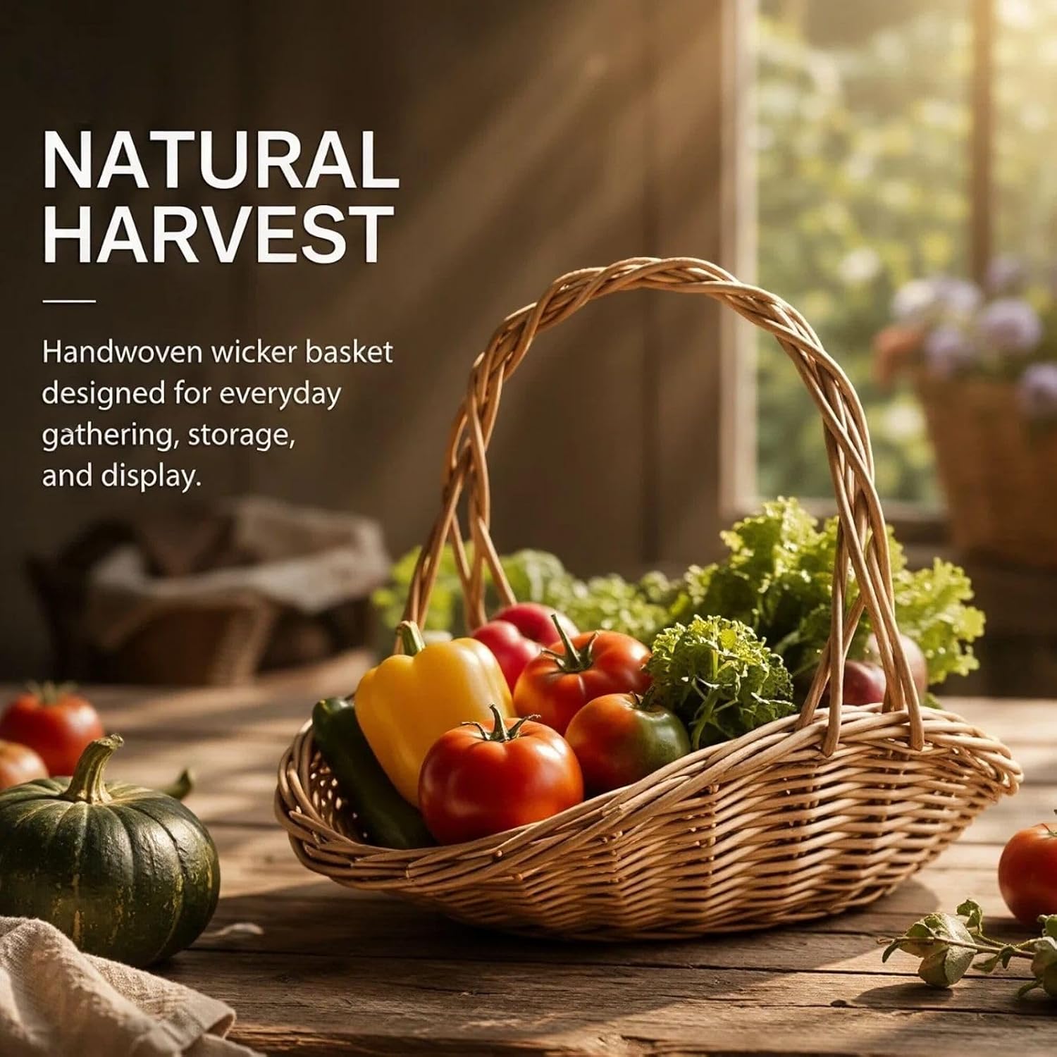 Rattan Basket with Handle, Wicker Garden Harvest Basket for Vegetables and Fruit, Handwoven Picnic Basket for Storage