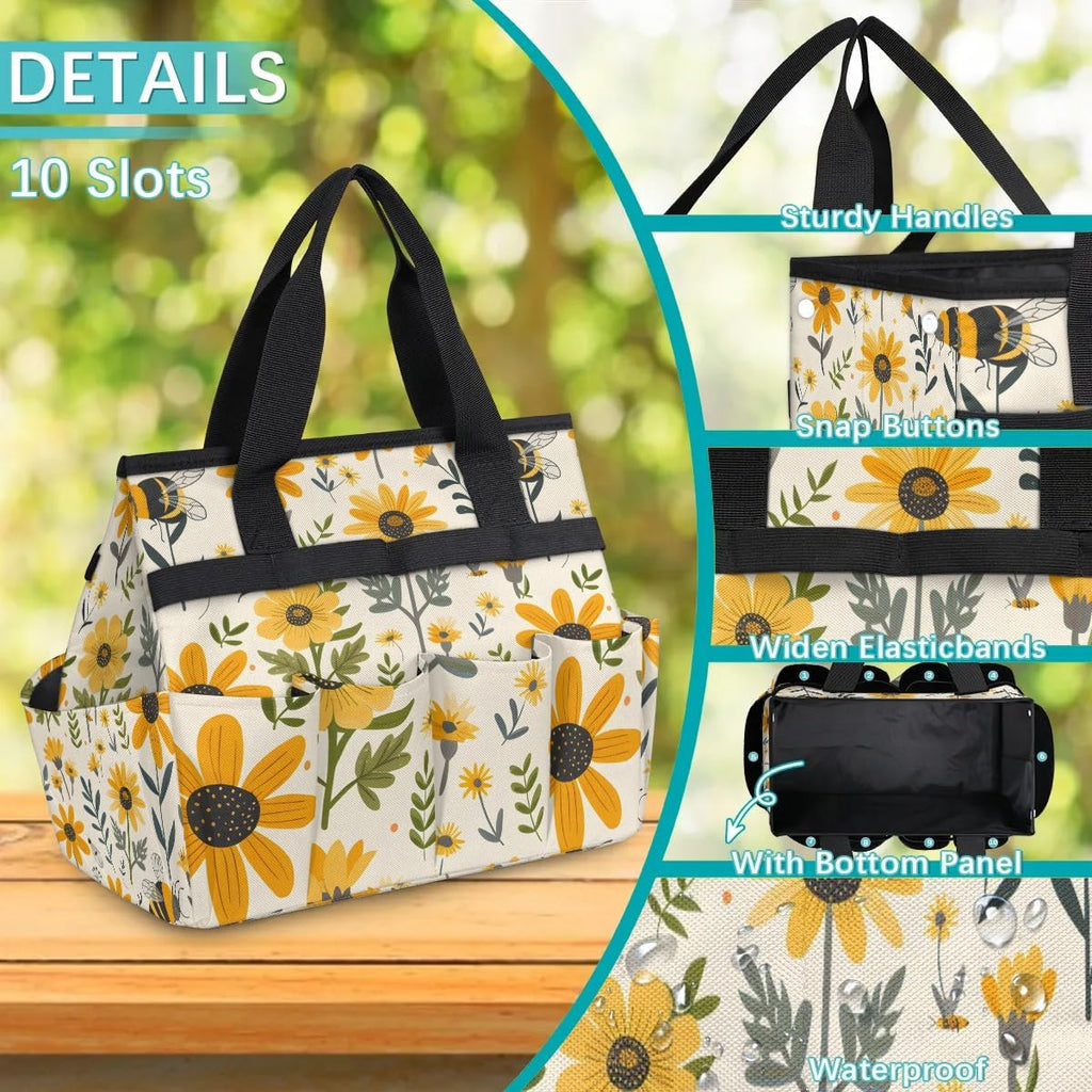 Bee Flower Garden Tool Bag for Women Waterproof & Reusable Heavy Duty Gardening Tote Storage Organizer Toiletry Bag