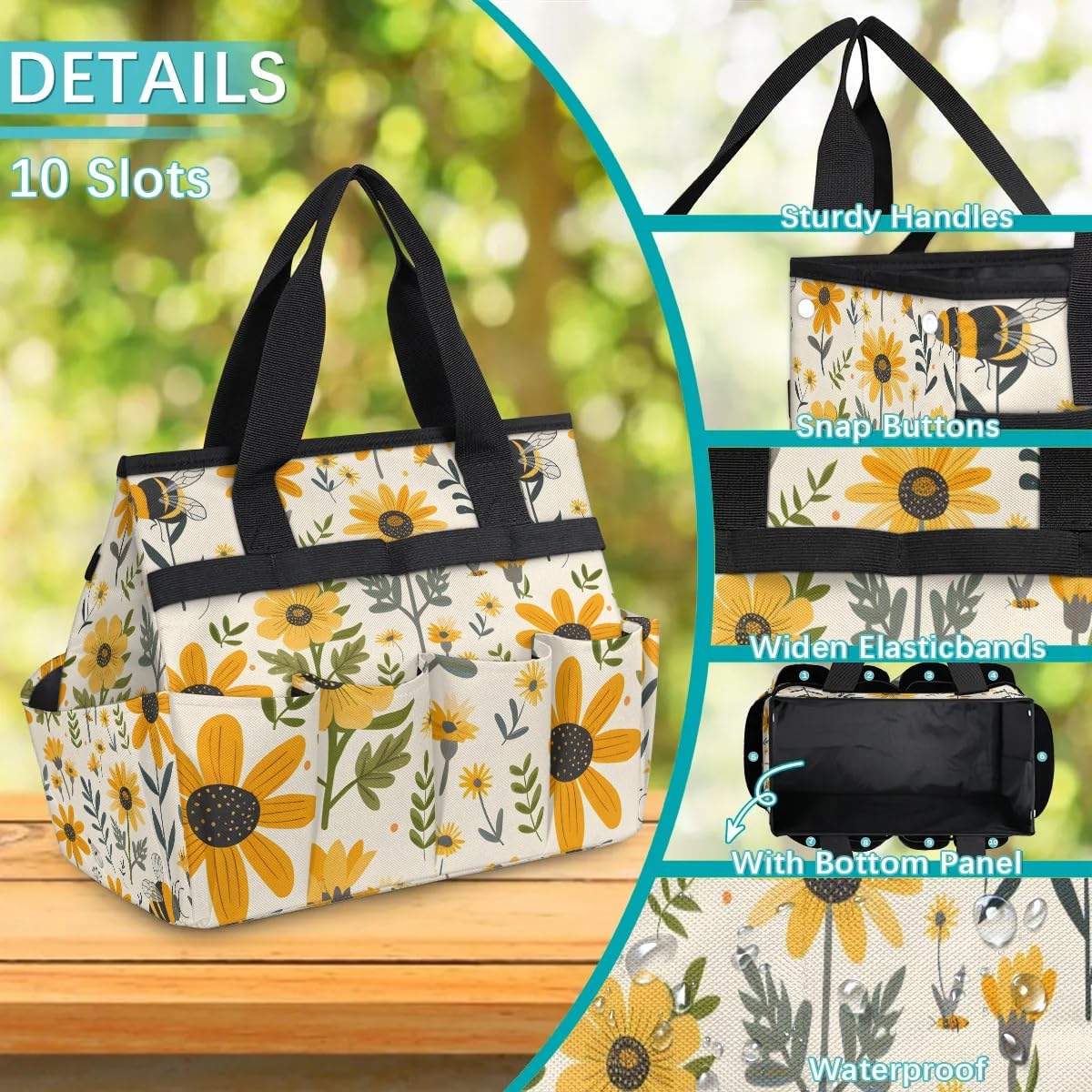 Bee Flower Garden Tool Bag for Women Waterproof & Reusable Heavy Duty Gardening Tote Storage Organizer Toiletry Bag
