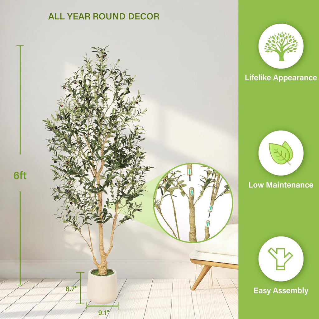 FEELEAD Olive Tree Artificial Indoor 6ft with Planter for Living Room Decor | Faux Olive Tree 6 Feet with Textured