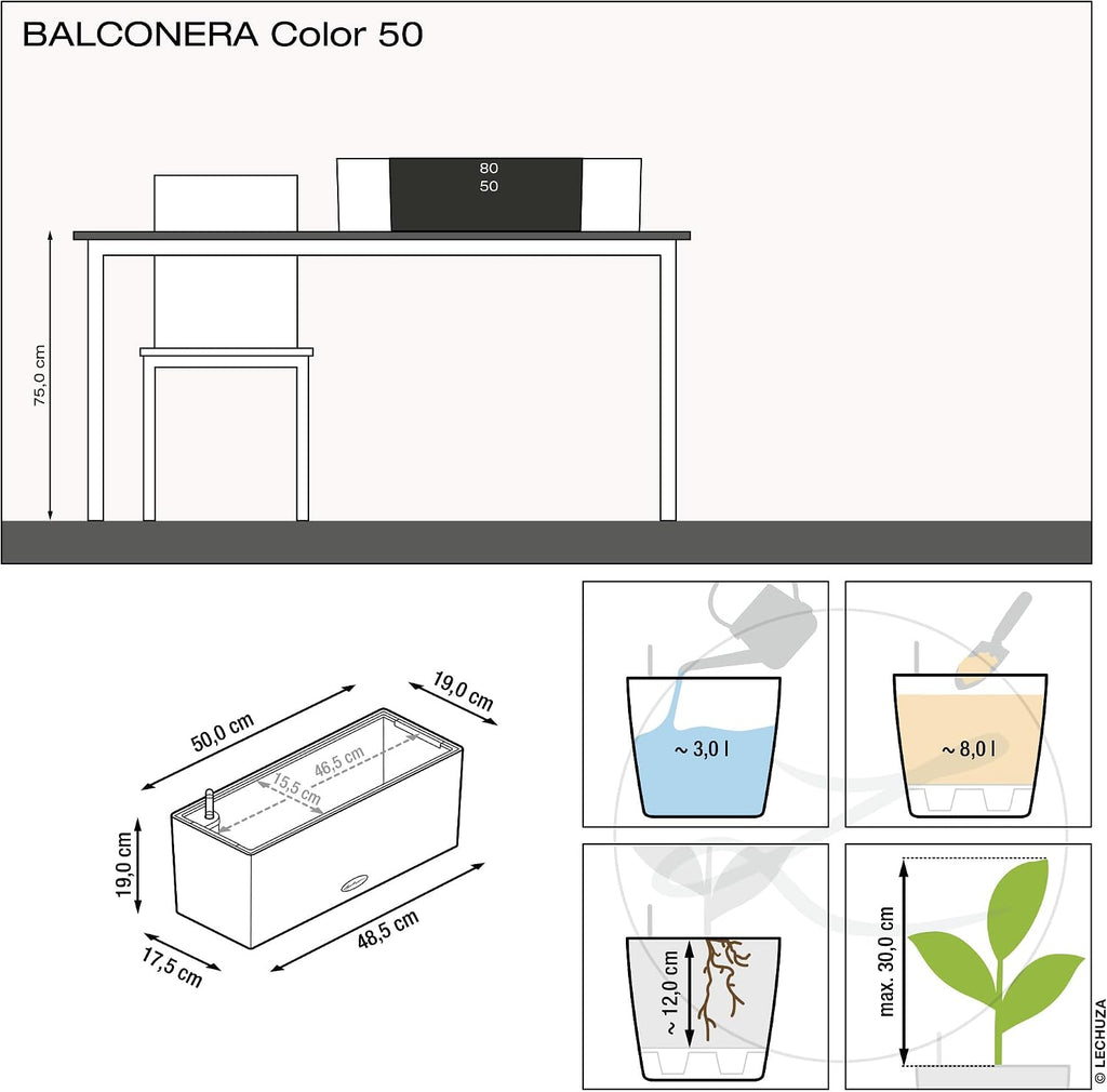 Lechuza BALCONERA Color 50 White, Self-Watering Window Box (Railing Planter), H7.5 L19.7 W7.5 in