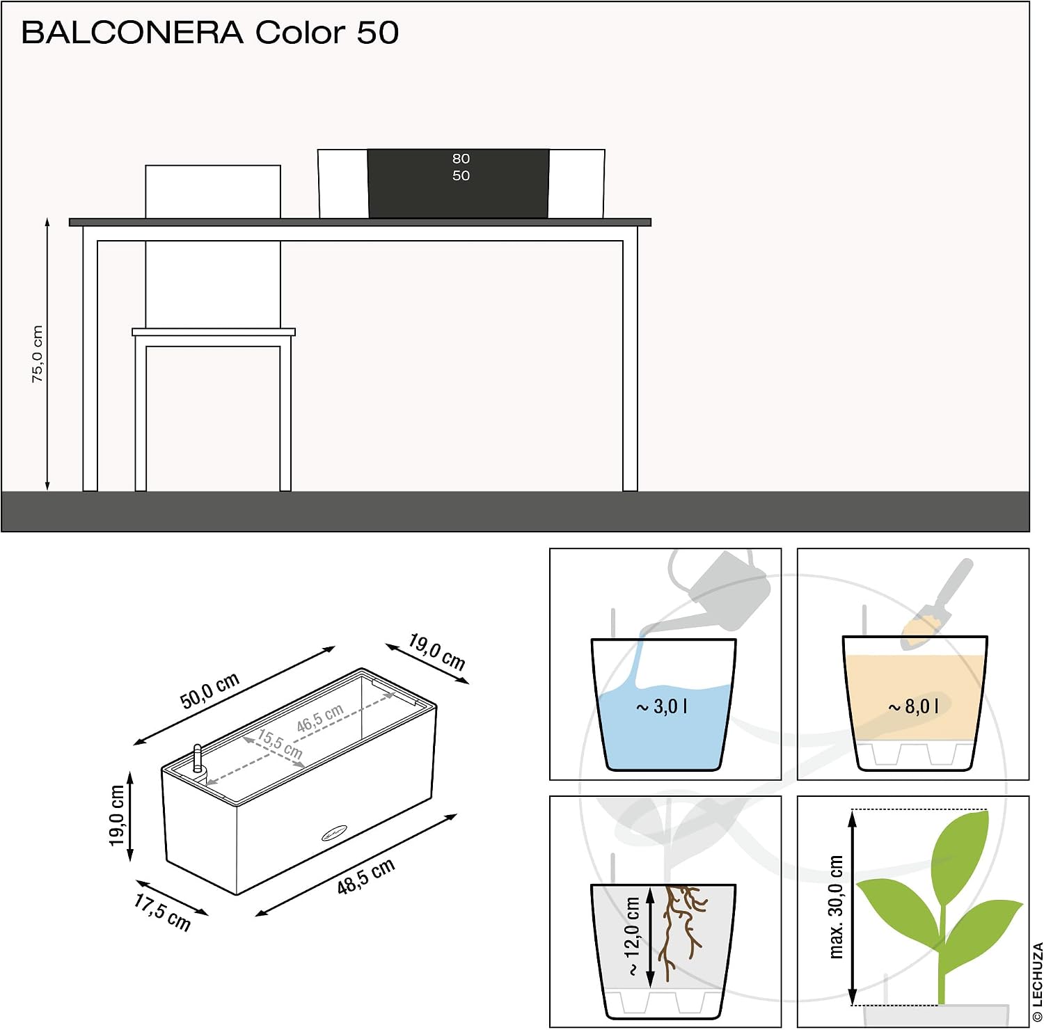 Lechuza BALCONERA Color 50 White, Self-Watering Window Box (Railing Planter), H7.5 L19.7 W7.5 in