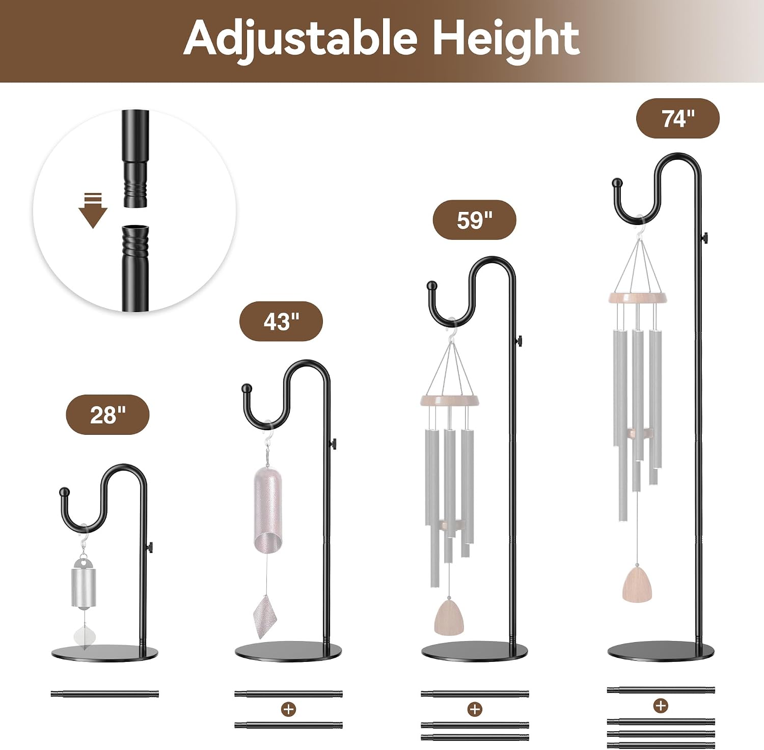 74" Shepherds Hook Stand: Hanging Bird Feeders, Wind Chimes, Plants | Heavy Duty, Free Standing, Adjustable Pole Holder