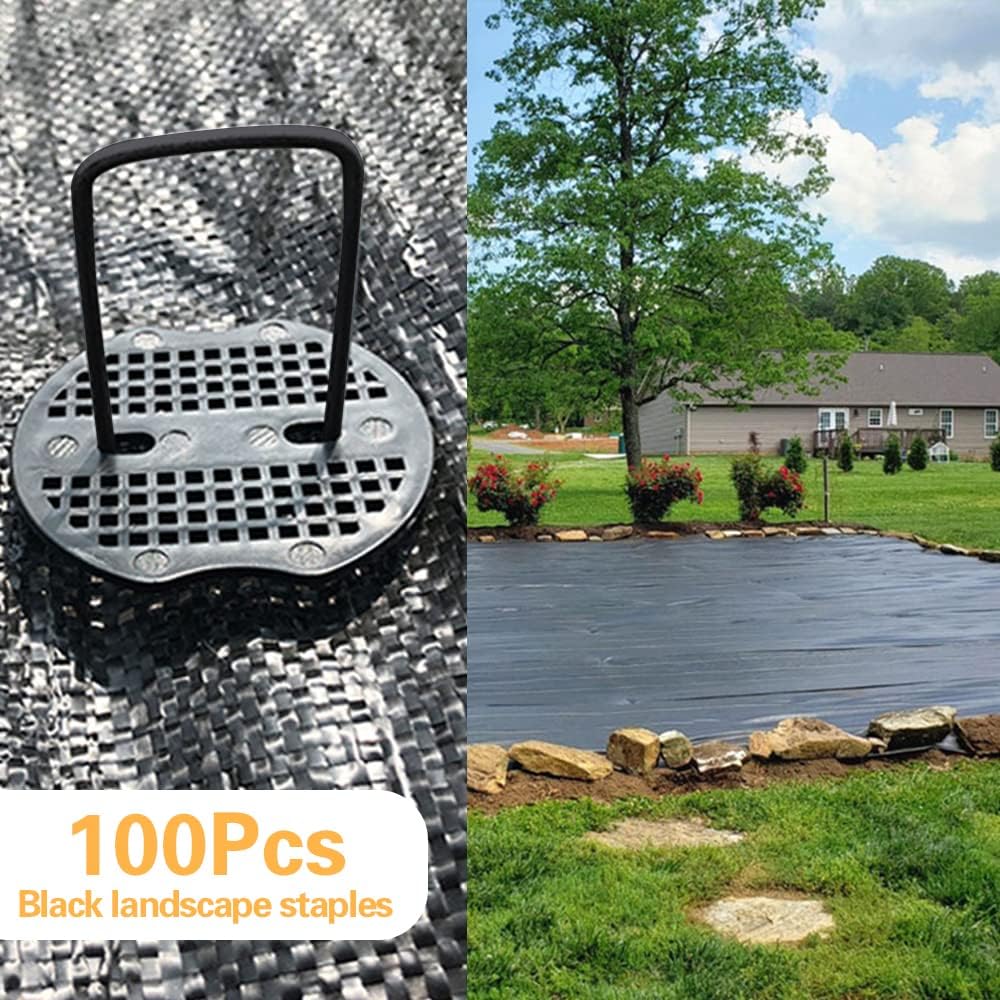 Bakulyor 100pcs Black Landscape Staples + 100pcs Buffer Washer, 6 Inch 11 Gauge Garden Stakes Staples, U Shaped