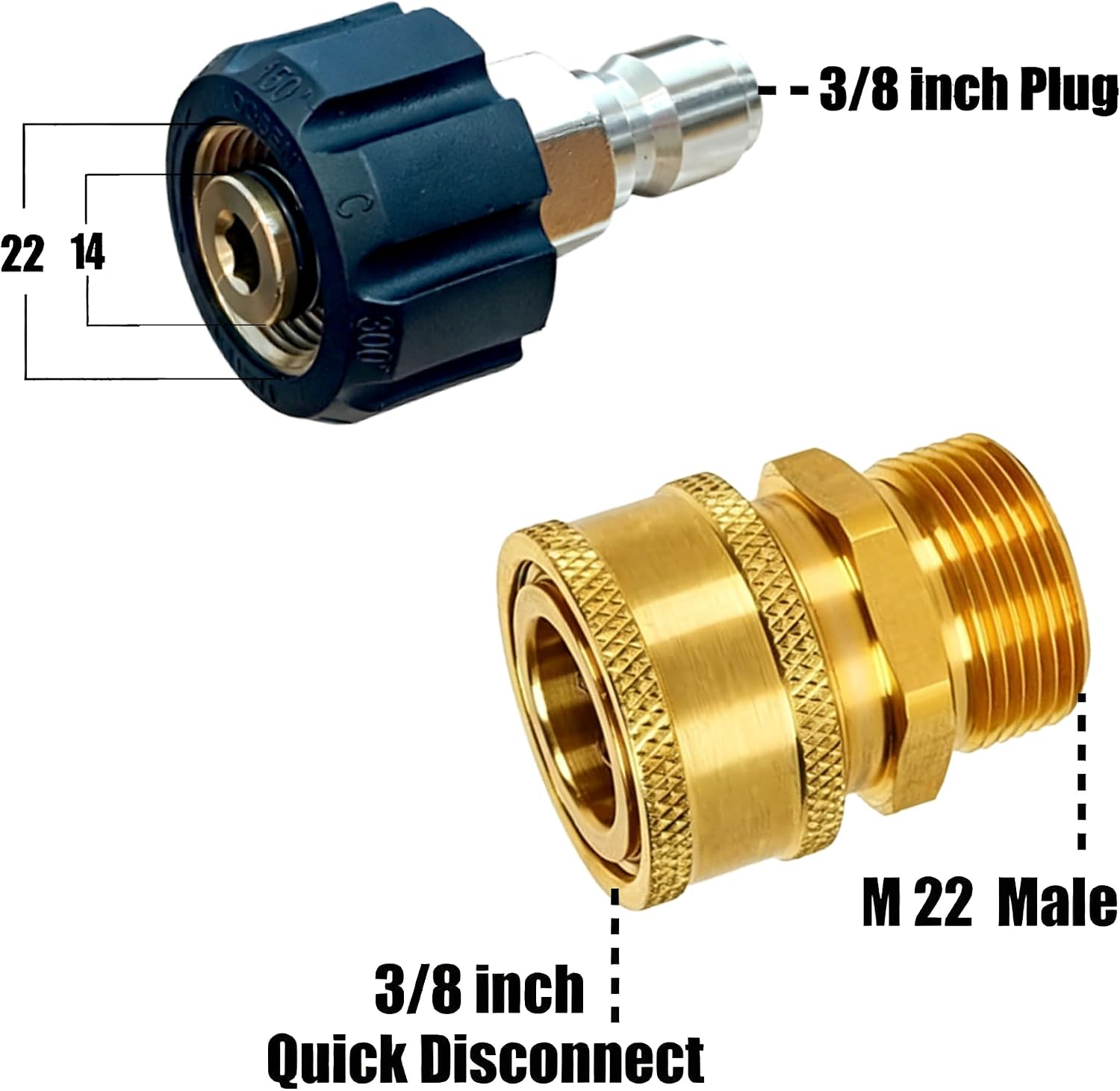 Pressure Washer Adapter Set, Quick Disconnect Kit | M22 14 mm Quick Connect Swivel to 3/8'' Quick Connect Fittings