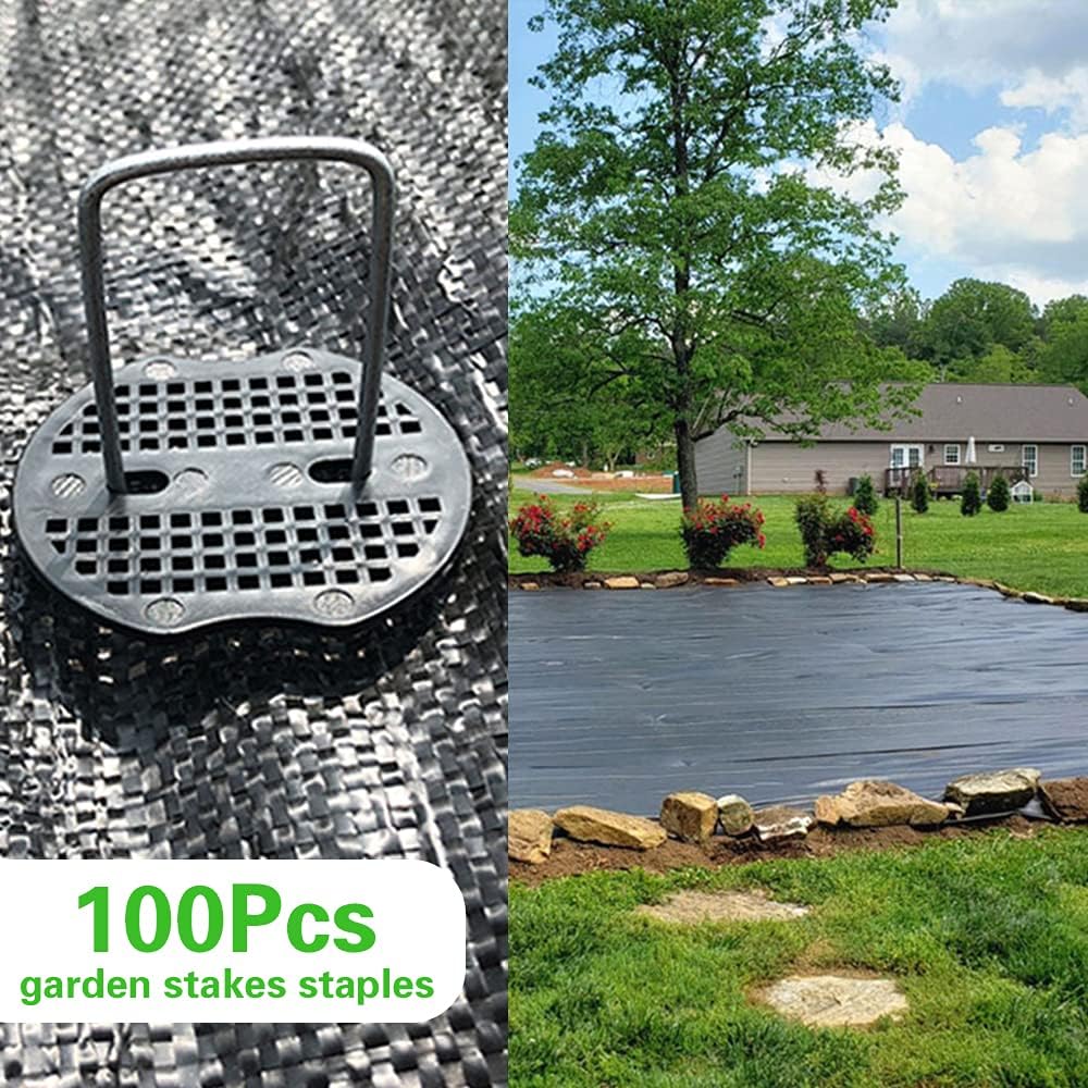 100Pcs Garden Stakes Staples + 100Pcs Gasket, Bakulyor 6 Inch Lawn Landscape Staples 11 Gauge U Shaped Galvanized