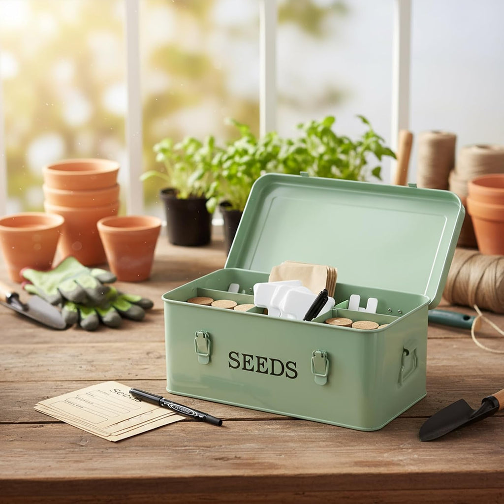 Seed Storage Organizer, 4 Compartment Metal Seed Saving Box with Lid and Safety Locks,Seeds Packet Container with 1