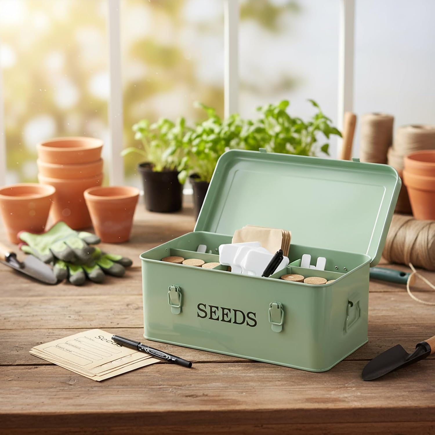Seed Storage Organizer, 4 Compartment Metal Seed Saving Box with Lid and Safety Locks,Seeds Packet Container with 1