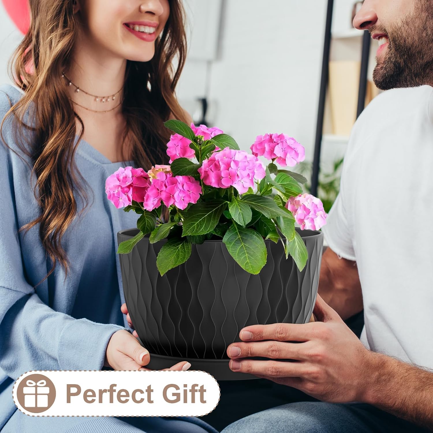 WSMKSZ 12 Inch Large Plant Pots for Indoor or Outdoor Plants, Wide Water Ripples Flower Pots with Drainage Holes &