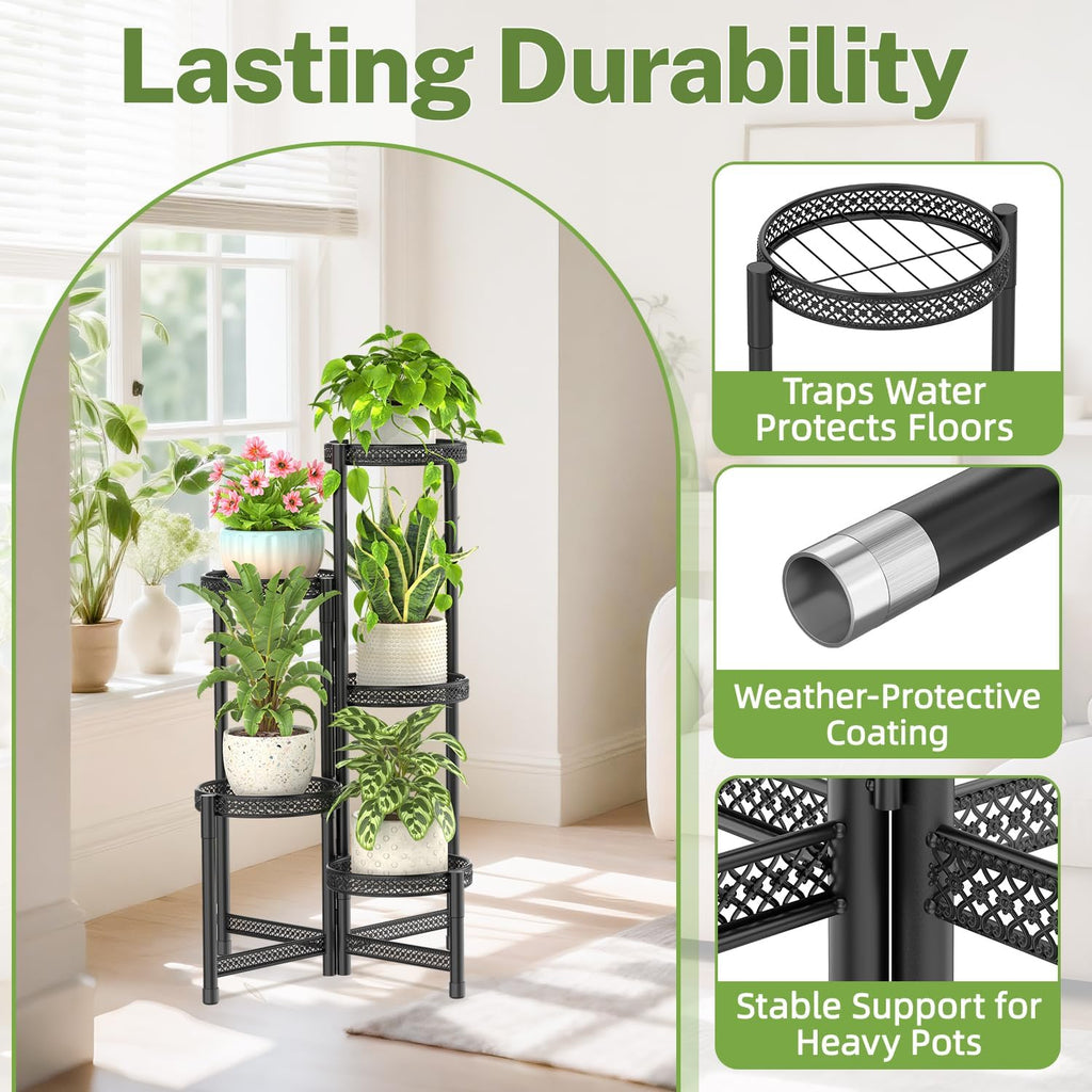 iDavosic.ly Plant Stand Indoor Outdoor, 5 Tier Iron Corner Shelf, Black | Tiered Tall Flower Display Holder, Folding