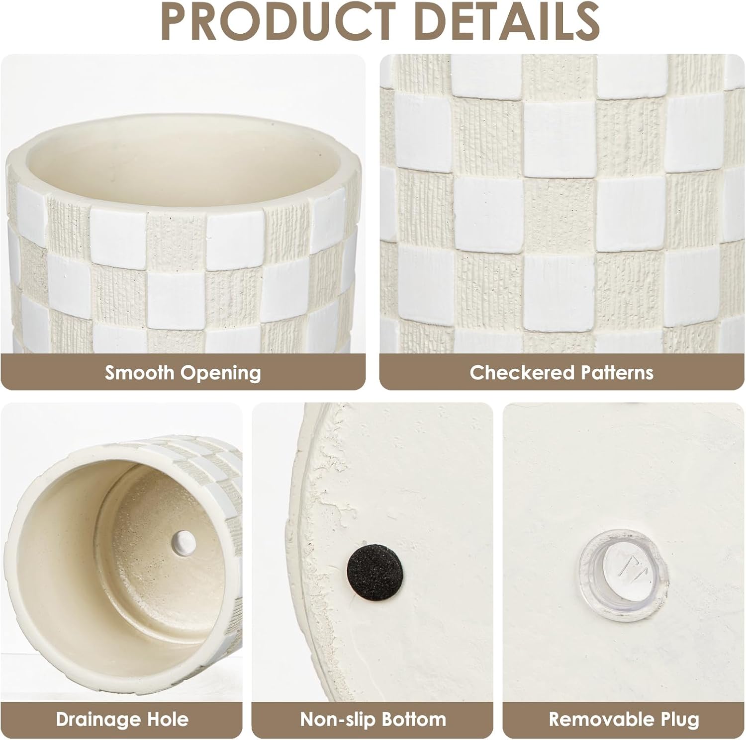 5.5 inch Ceramic Plant Pots with Drainage Hole & Silicone Plug, Checker Ceramic Round Planter Flower Planter for Indoor