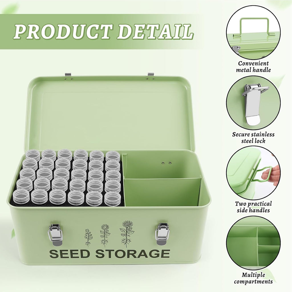 60 Slots Seed Storage Organizer, Metal Seed Box with Lid and Safety Locks | Bamboo, Strong Seal, Completely Blocks
