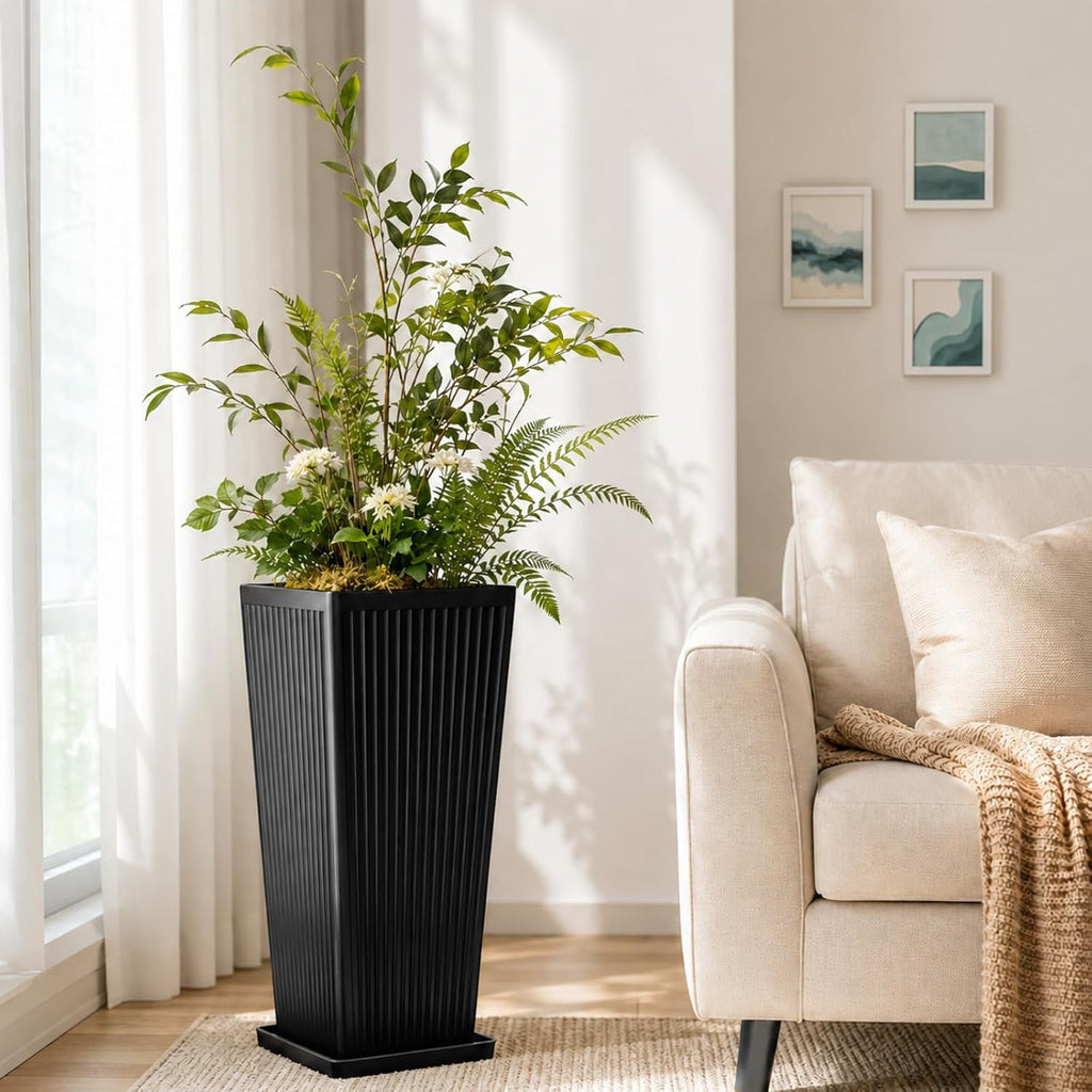 24" Tall Planters for Outdoor Plants Set of 2 Square Fluted,Black | Textured Finishes Tapered Modern Large
