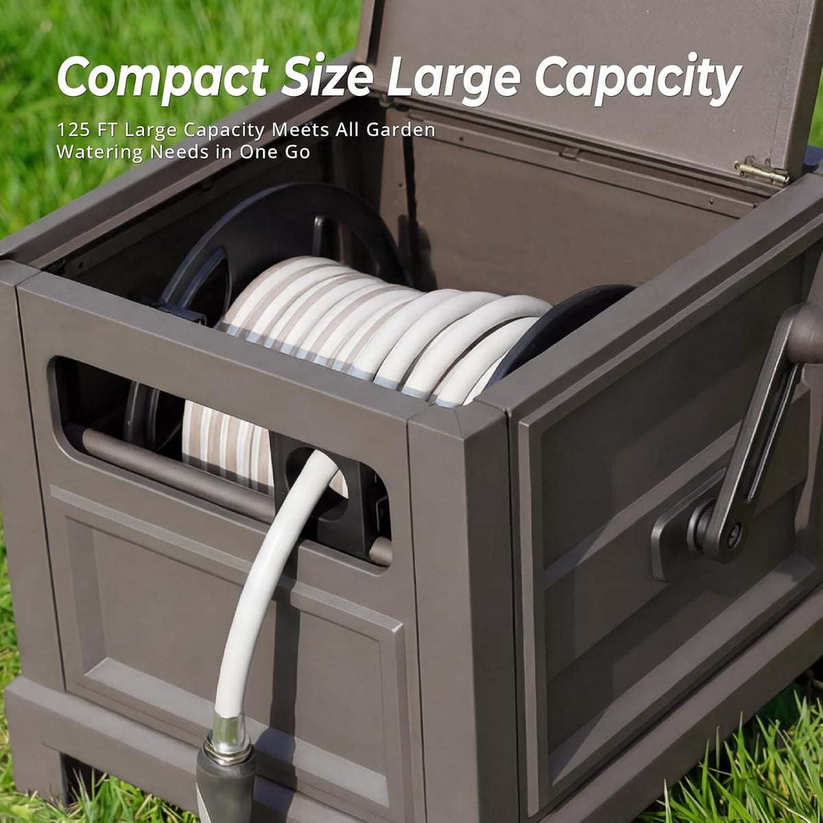 Heavy Duty Steel Garden Hose Reel Deck Box, Holds 125 ft x 5/8 inch Hose, Leak-Proof Aluminum Water System, Manual