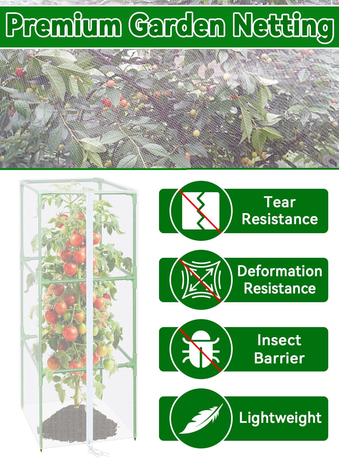 57x16.1 in Garden Tomato Plant Cover Netting for Square Tomato Cage | 4 Pack Durable Garden Bird Netting with Zipper &