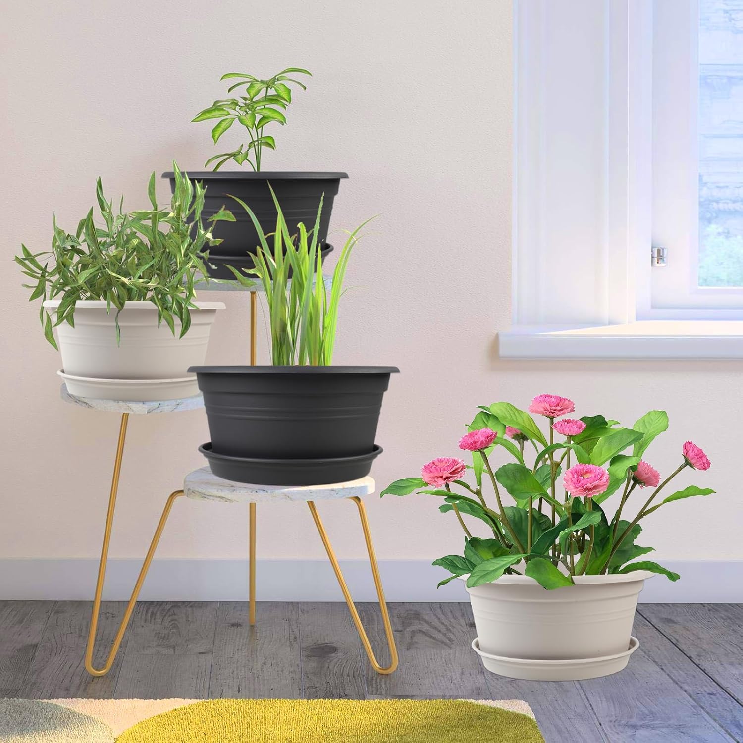 Large 4 Pack 13 inch Plant Pots, Round Plastic Pots for Plants with Trays | Outdoor Planters with Drainage Hole &