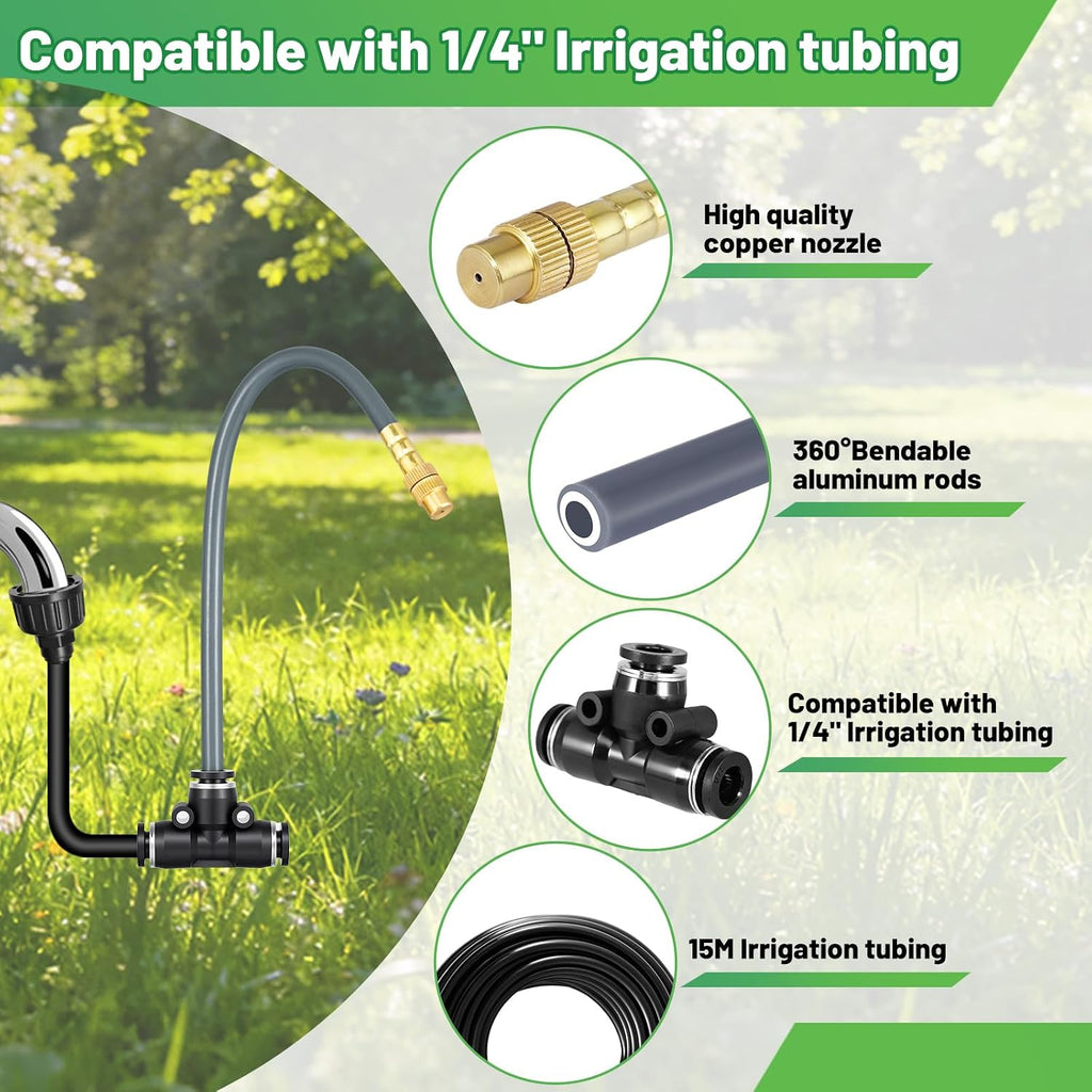 49.2Ft 1/4" Drip Irrigation System 360° Watering Misting System | Garden Bendable Watering Atomizing System with 12