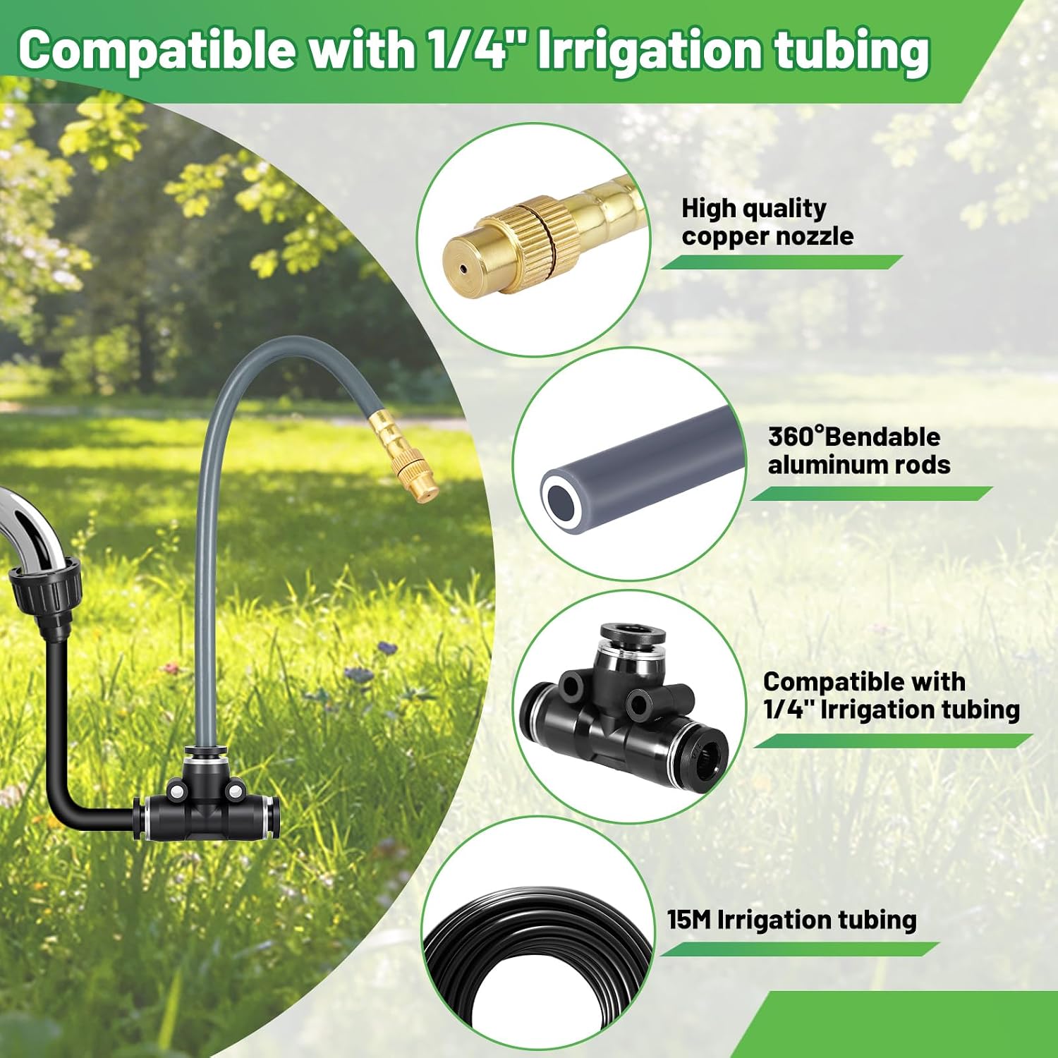 49.2Ft 1/4" Drip Irrigation System 360° Watering Misting System | Garden Bendable Watering Atomizing System with 12