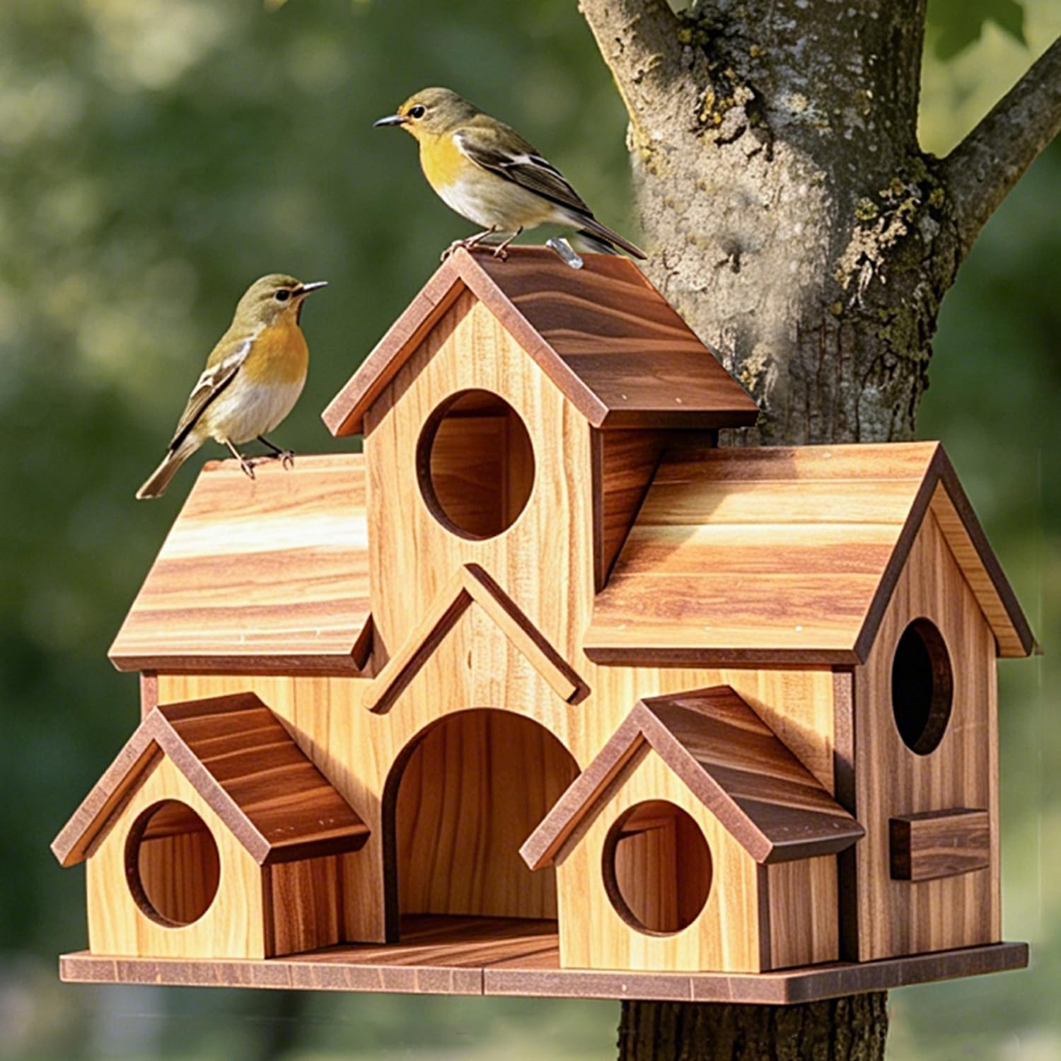 Bird House for Outside, 5-Hole Outdoor Wooden Birdhouse for Chickadee Bluebird Finch Wren Hummingbird, Weatherproof