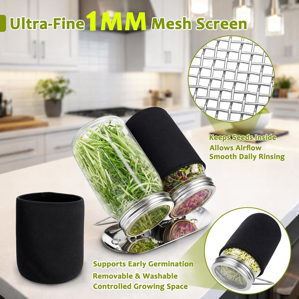 Sprouting Jar Kit, Stainless Steel Sprouting Lids with Stand, 2 Pcs | Sprouting Kit with Glass Mason Jars &