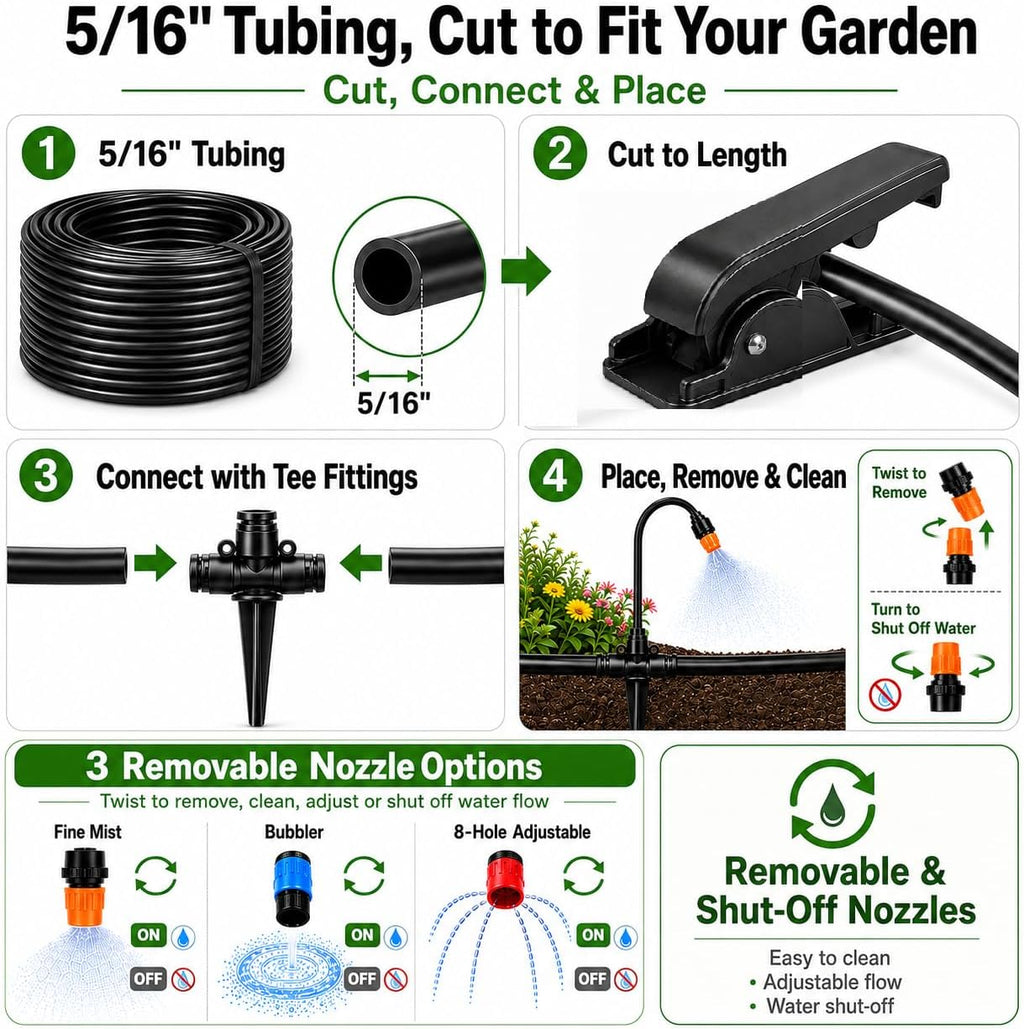 100FT 5/16" Drip Irrigation Kit, 18 Emitters for Raised Beds | 18 flexible gooseneck emitters with 3 spray modes for