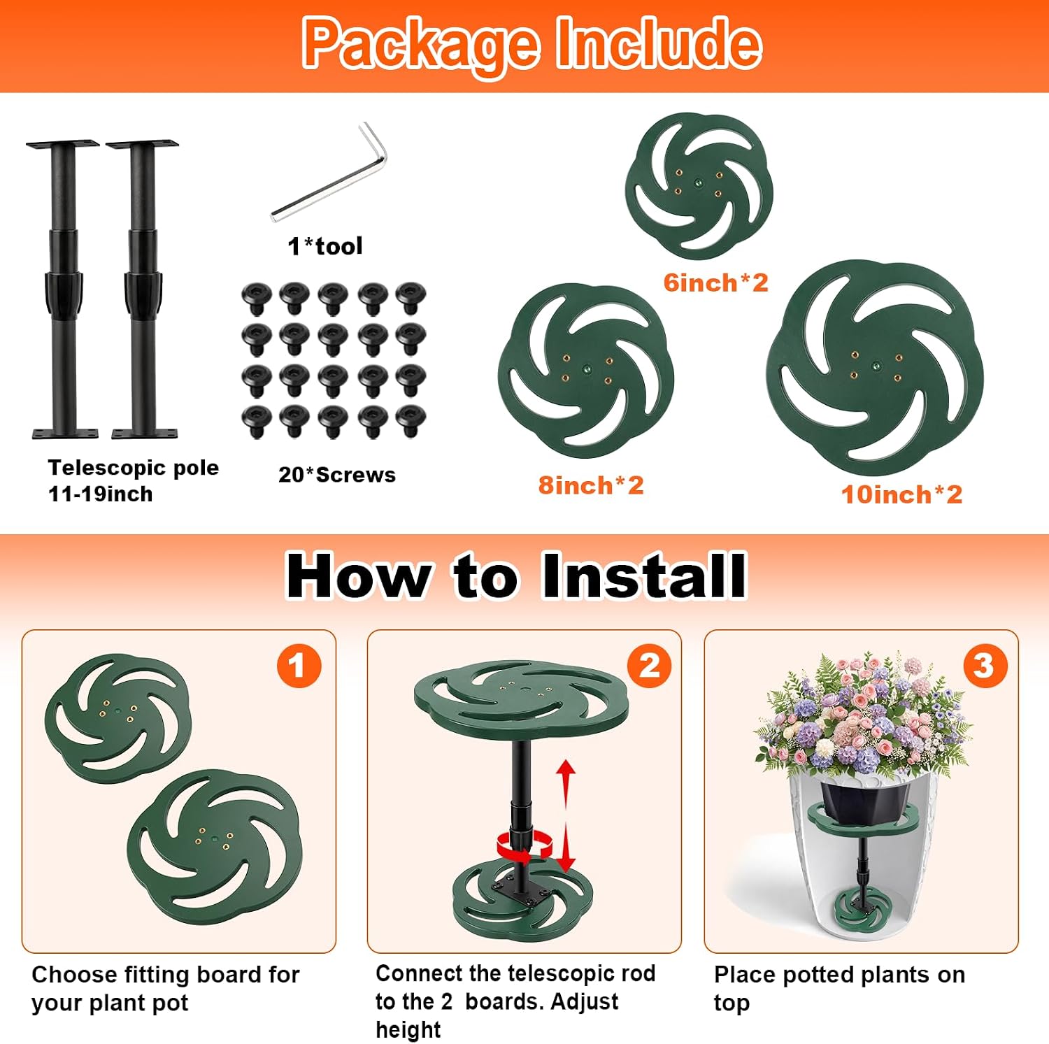 2 Pack Plant Risers for Inside Pots, 12-21" Rise Plastic Planter Inserts | Adjustable Height Planter Inserts for Large