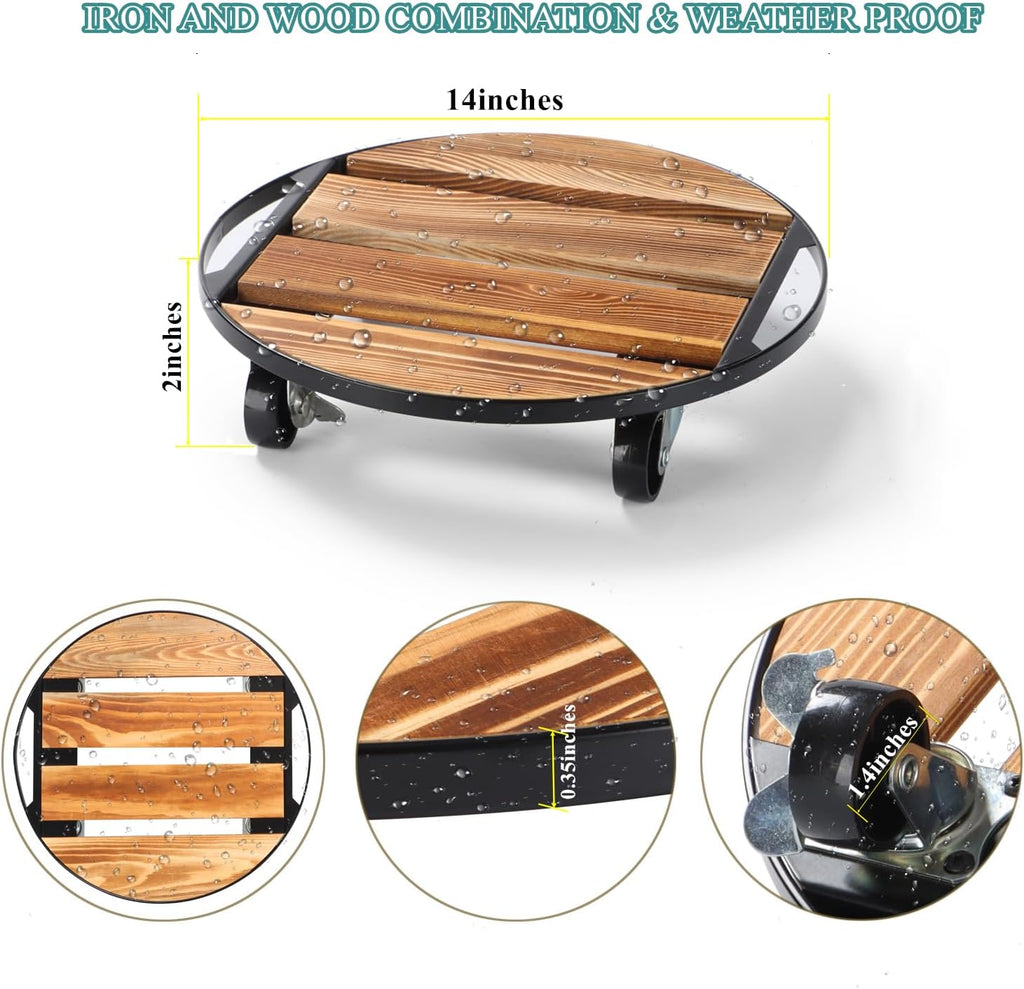 2 Pack Plant Stand with Wheels, 14" Rolling Plant Caddy 264 LB Heavy Duty, Iron and Wood Round Plant Dolly with Metal