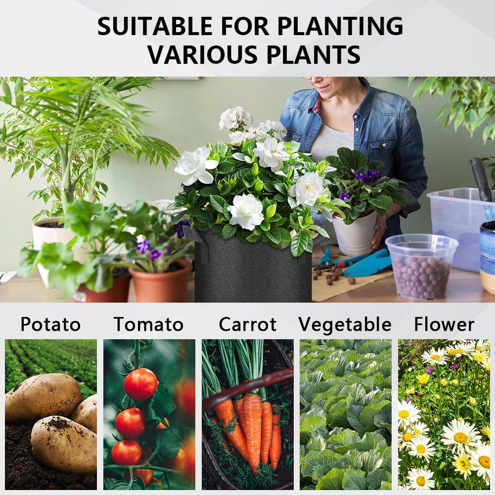 50 Pack Grow Bags, Black Heavy Duty Fabric Pots Nonwoven Potato Grow Bags | Reinforced Stitching, Breathable Vegetable