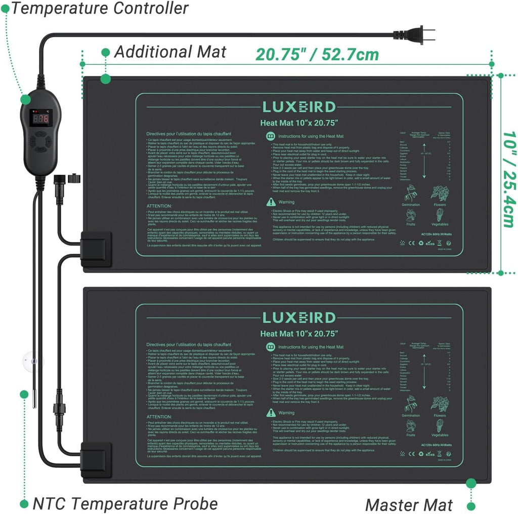 LUXBIRD 4 Pack Seedling Heat Mats with Digital Thermostat Controller, 10" x 20.75" Waterproof for Seed Starting