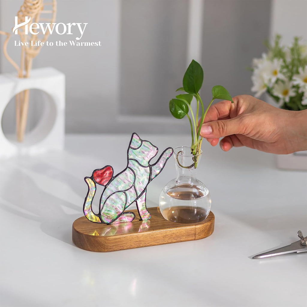 Hewory Handmade Cat Planter: Iridescent Stained Glass Propagation Stations | Cat Gifts for Women, Plant Lovers, Decor