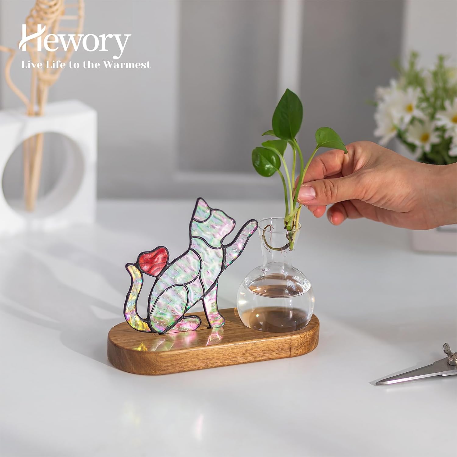 Hewory Handmade Cat Planter: Iridescent Stained Glass Propagation Stations | Cat Gifts for Women, Plant Lovers, Decor