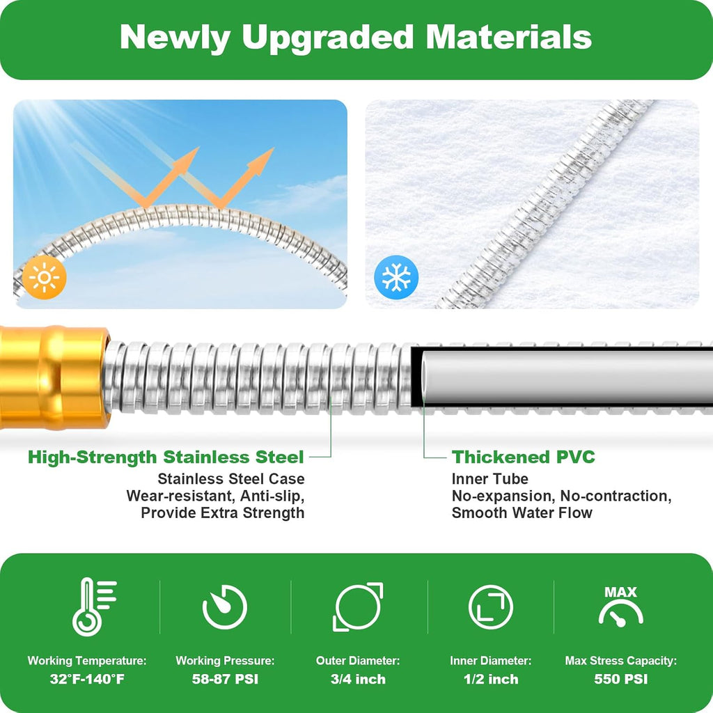 Garden Hose 50FT, Stainless Steel Metal Water Hose with 10-Function Nozzle | No-Kink, Leak-Proof, Wear-Resistant, 3/4
