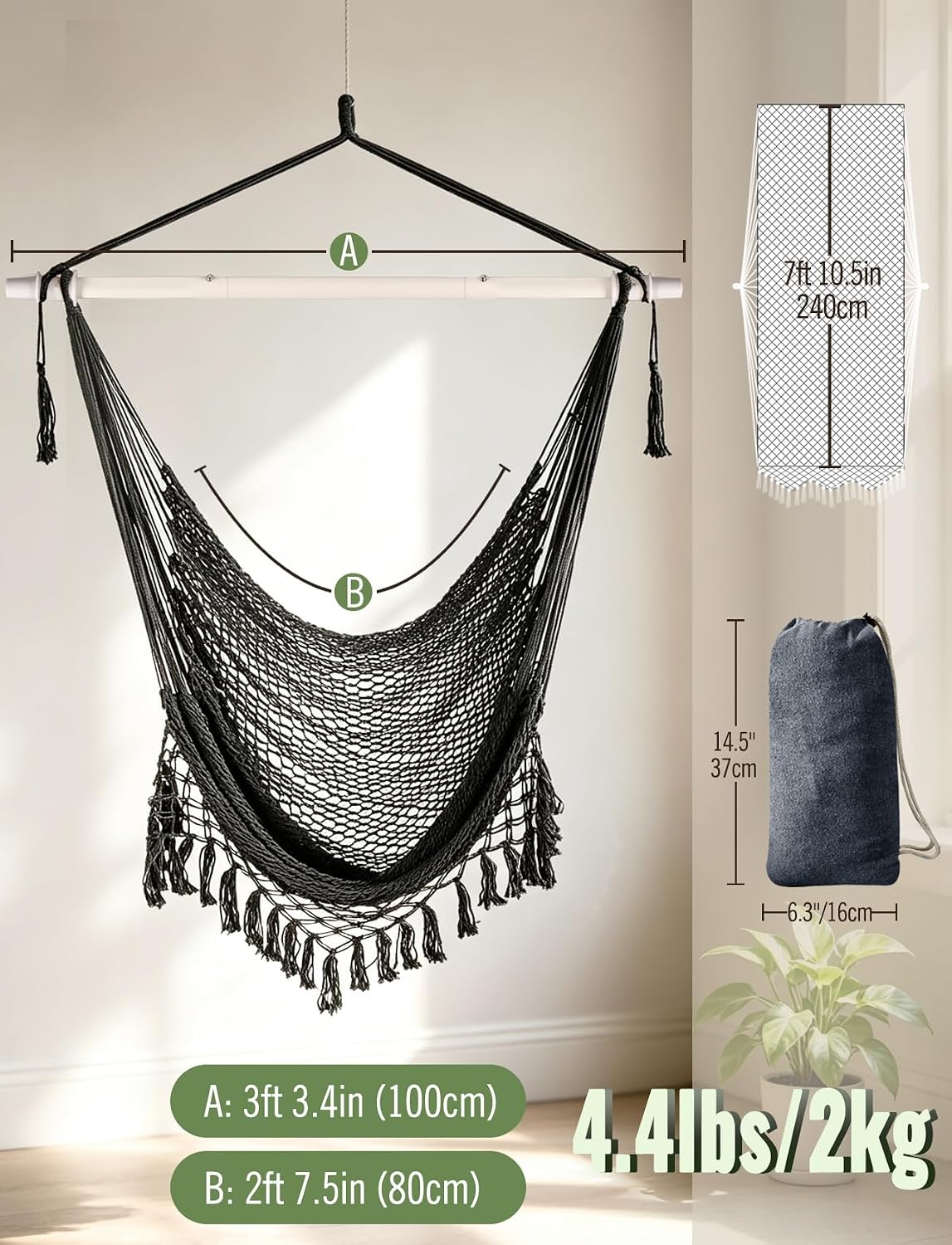 Chihee Hammock Chair Handmade Woven Mesh Hanging Seat Metal Spreader Bar | Cotton Blended Rope Hanging Chair Ventilated