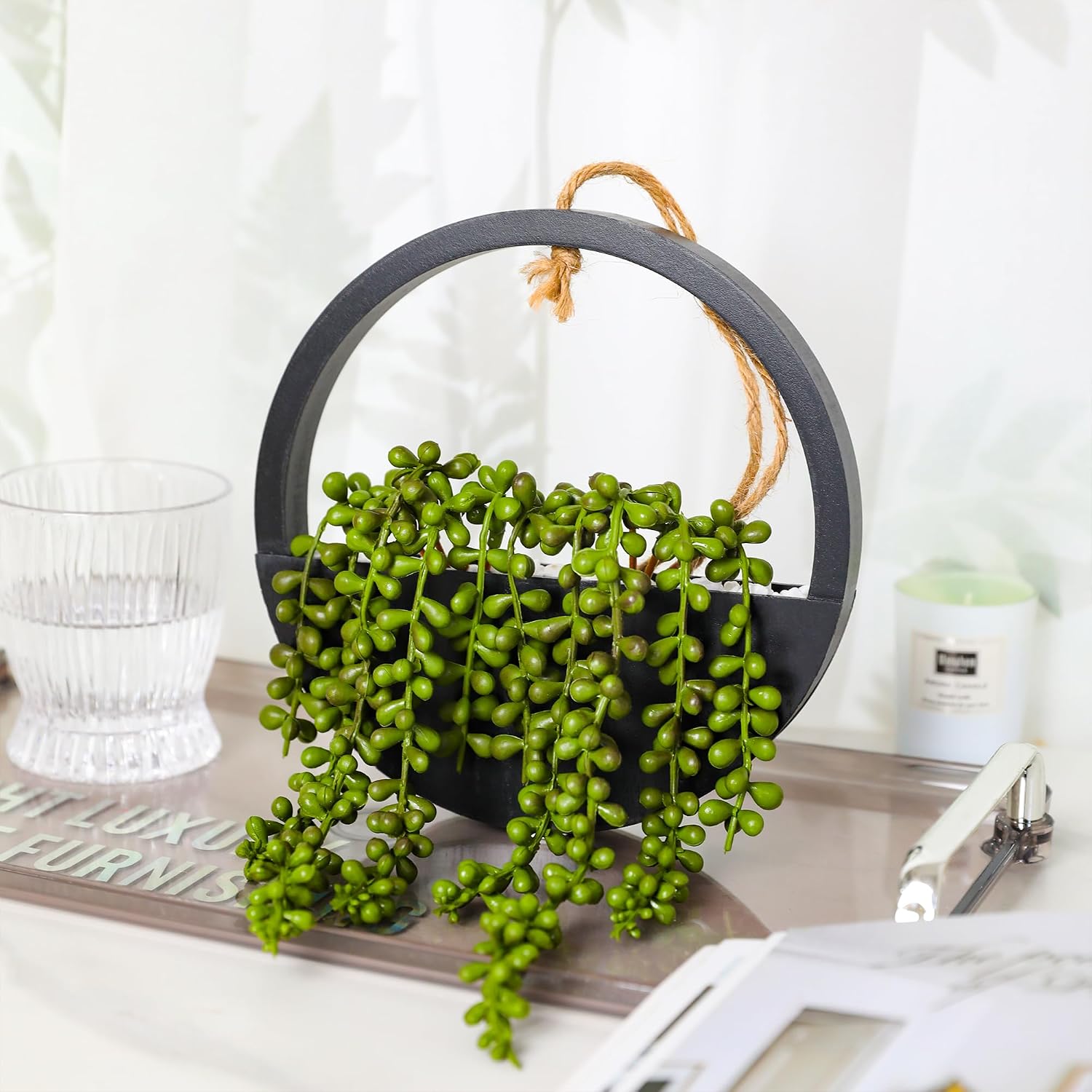 2pcs Artificial Succulents Hanging Plants 12.2'' Fake String of Pearls in Pot with 8.3'' Lanyard for Indoor Outdoor