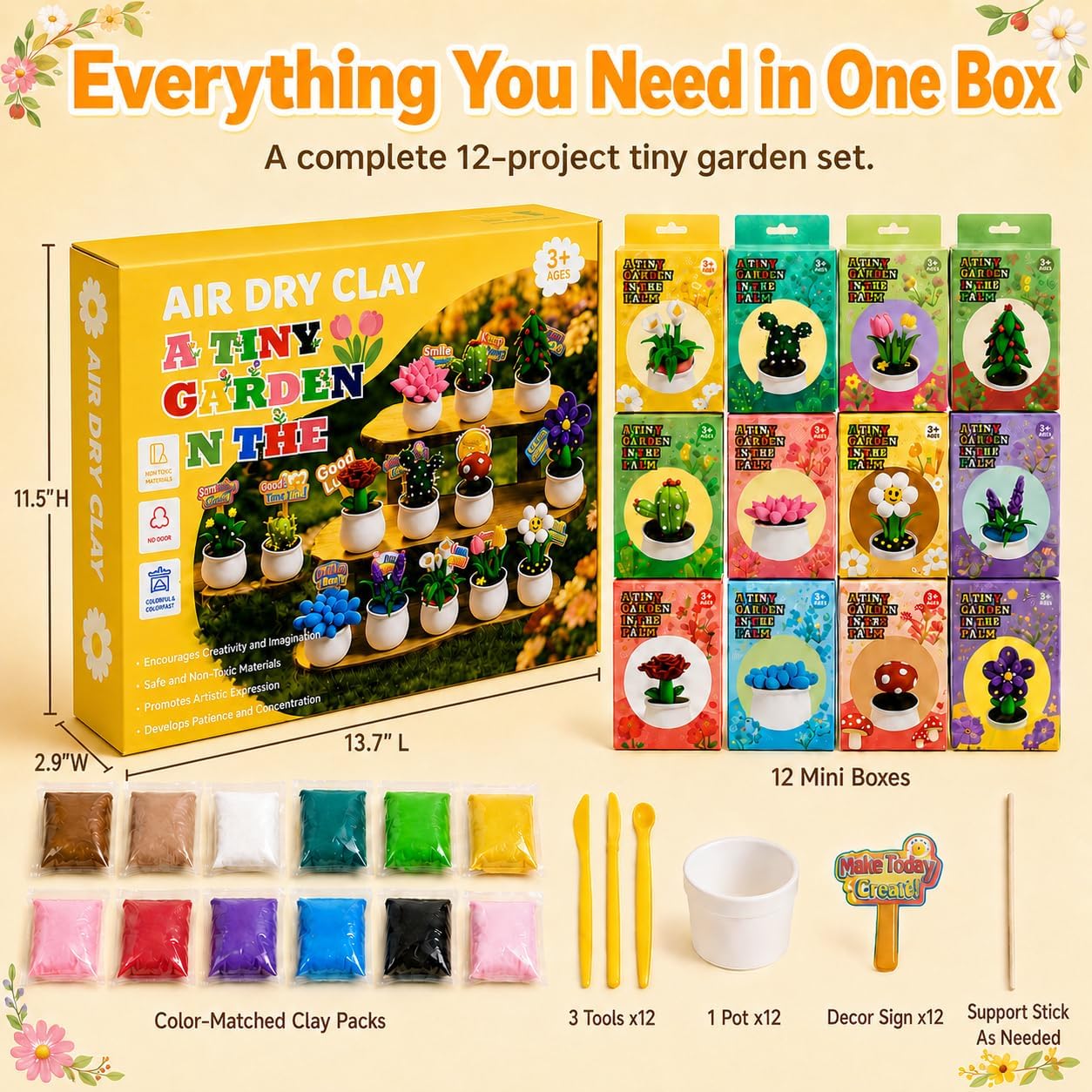 Air Dry Clay Kit for Kids, 12 Plants Modeling Magic Clay Sculpting Tools | Ultra-Light & Soft, Safe and Non-Sticky, DIY