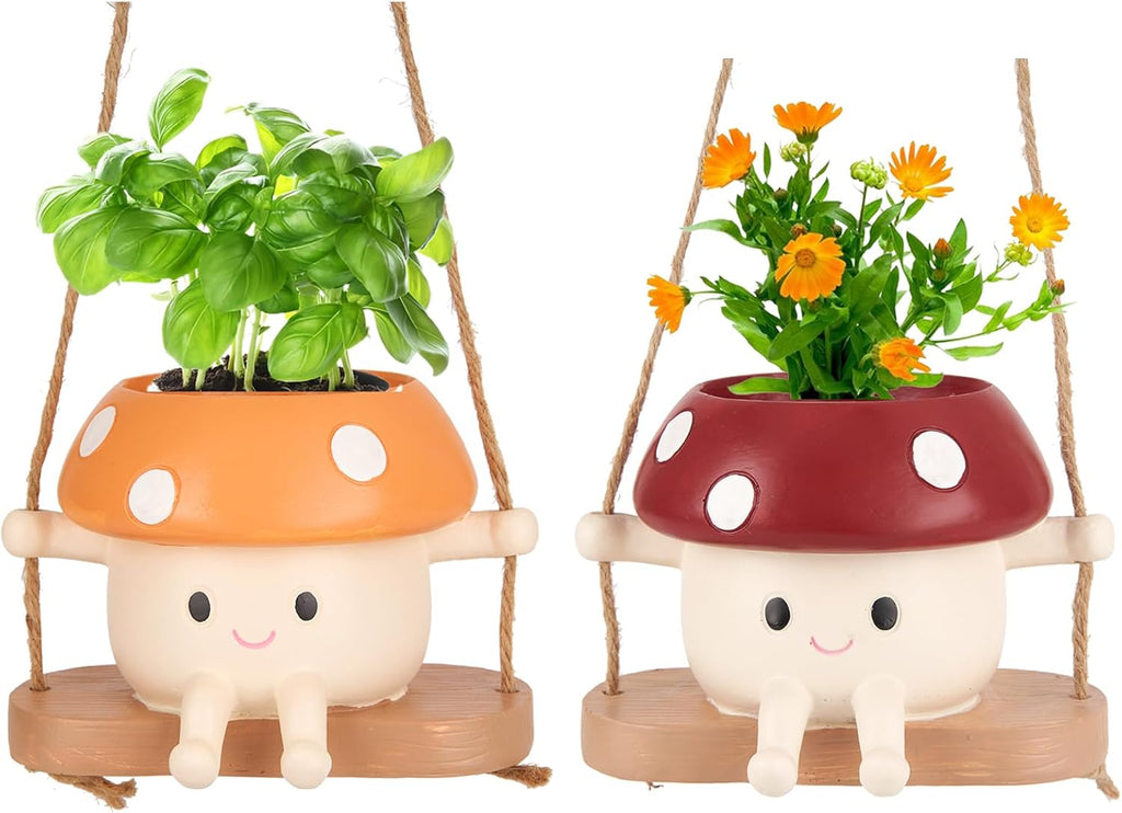 2pcs Mushroom Smily Swing Face Planter Pot Resin (Red&Yellow) | Cute Hanging Resin Flower Head Planter for Indoor