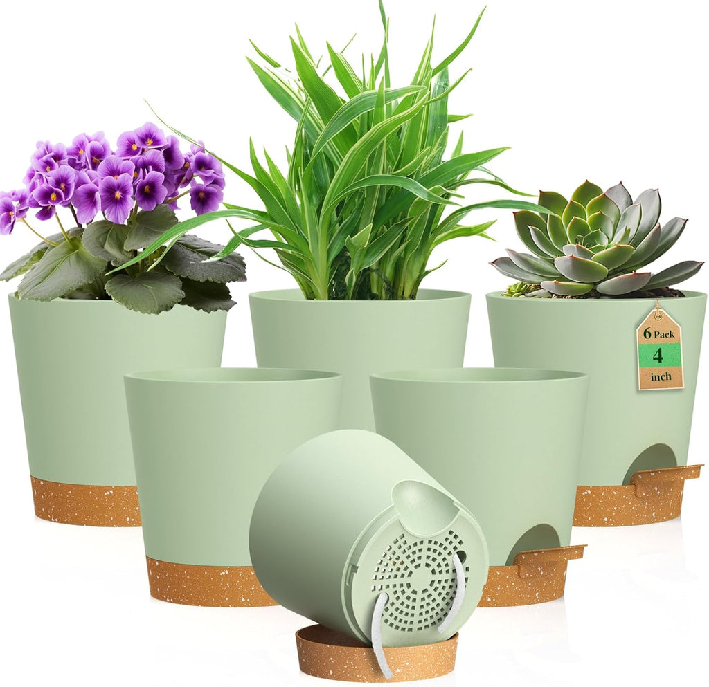 4 Pack 4 inch Self Watering Pots Planters for Indoor Plants, African Violets Pots with Wick Rope, Modern Plastic Nursery Pots for All House Plants,Flowers Succulents,Herbs,Cactus,Orchids