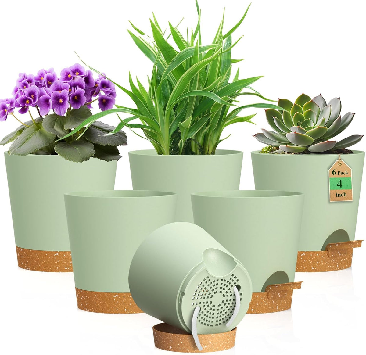 4 Pack 4 inch Self Watering Pots Planters for Indoor Plants, African Violets Pots with Wick Rope, Modern Plastic Nursery Pots for All House Plants,Flowers Succulents,Herbs,Cactus,Orchids