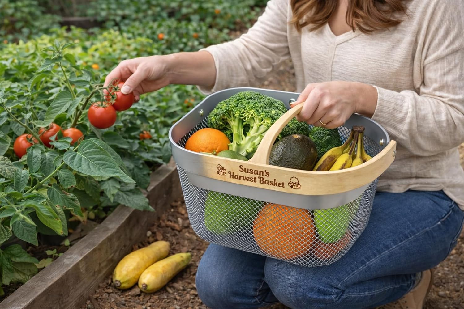 Personalized White Garden Harvest Basket with Engraved Bamboo Handle – Lightweight Metal Mesh Vegetable Basket for