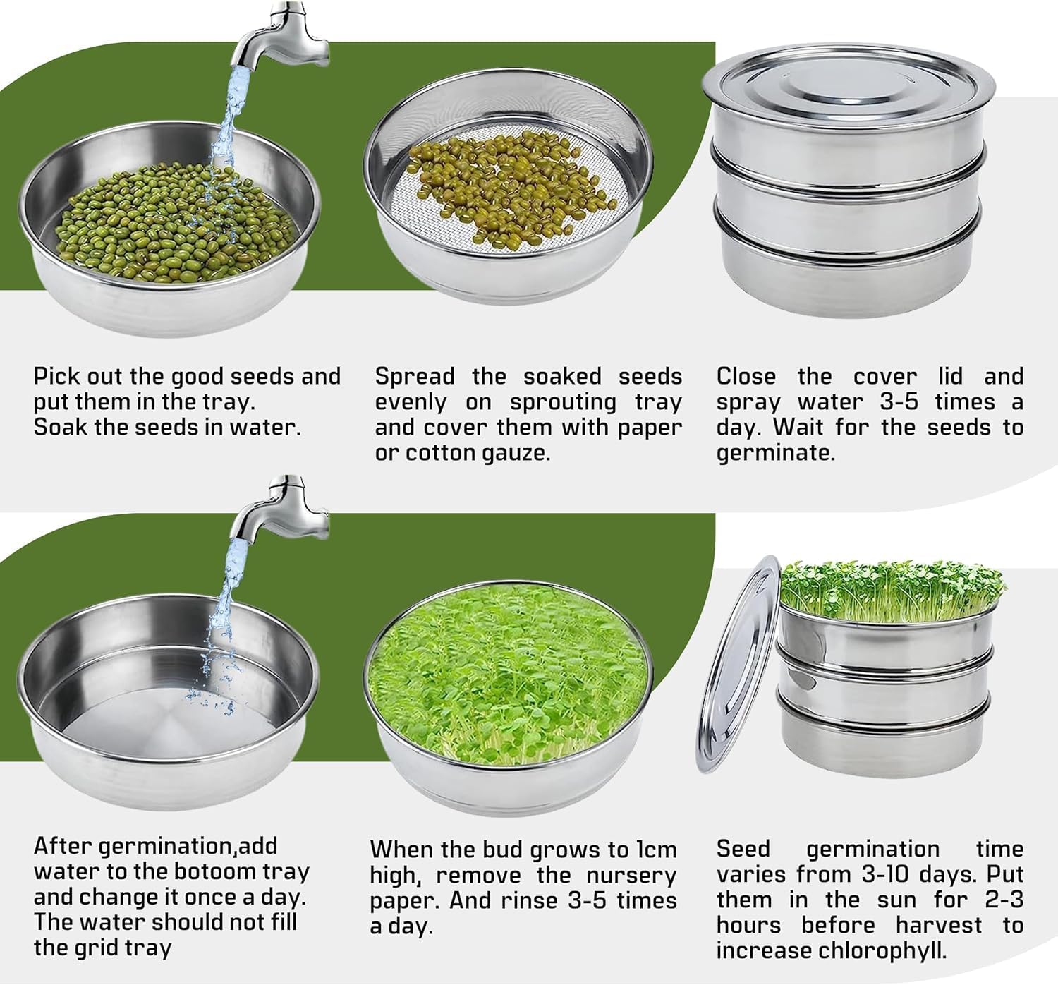 6'' Stainless Steel Sprouting Tray Round – 3-Tier Seed Gardening Planter Tray for Microgreens Broccoli Sprouts Growing