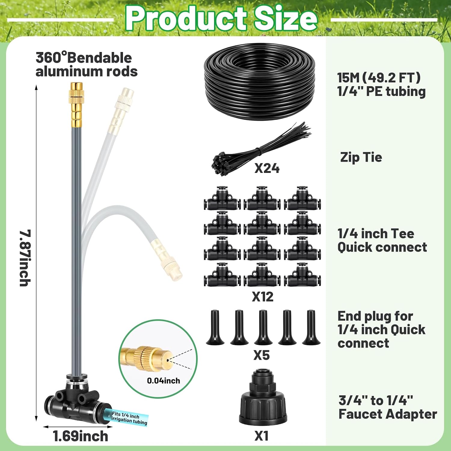 49.2Ft 1/4" Drip Irrigation System 360° Watering Misting System | Garden Bendable Watering Atomizing System with 12
