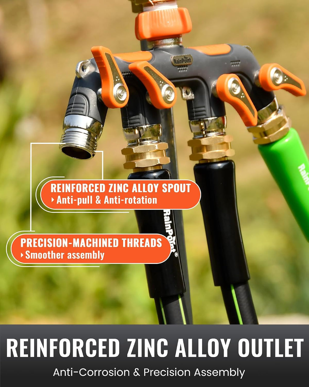 RAINPOINT 4 Way Garden Hose Splitter, 100% Metal Heavy Duty Water Hose Splitter with Individual Shut-Off Valves, 3/4"