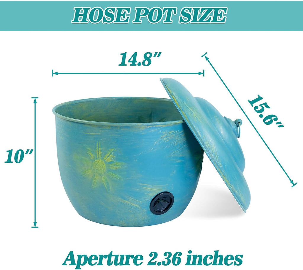 Metal Garden Hose Holder Storage Pot with Lid,Hose Pot for Outside | Holds Up To 100ft Hoses,Outdoor or