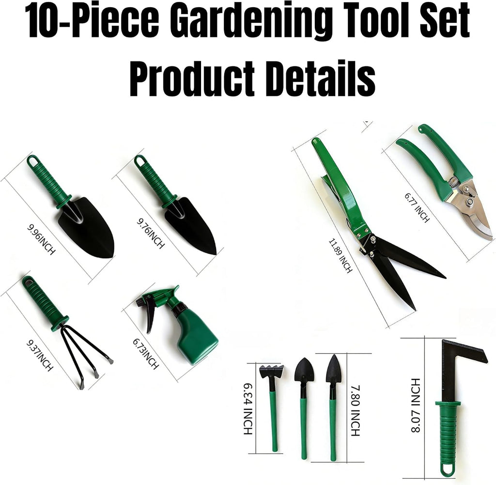 10-Piece Garden Tools Set - Heavy Duty Hand Gardening Kit: Shovel, Pruners, Trowel, Rake for Plant Care, Bonsai