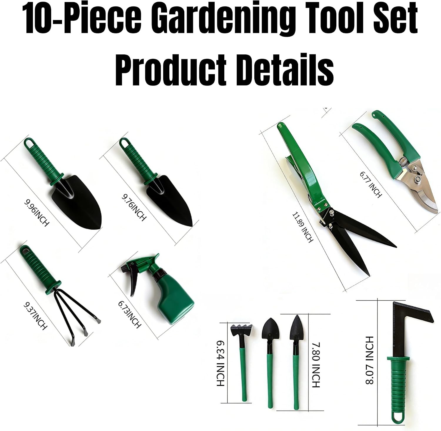 10-Piece Garden Tools Set - Heavy Duty Hand Gardening Kit: Shovel, Pruners, Trowel, Rake for Plant Care, Bonsai