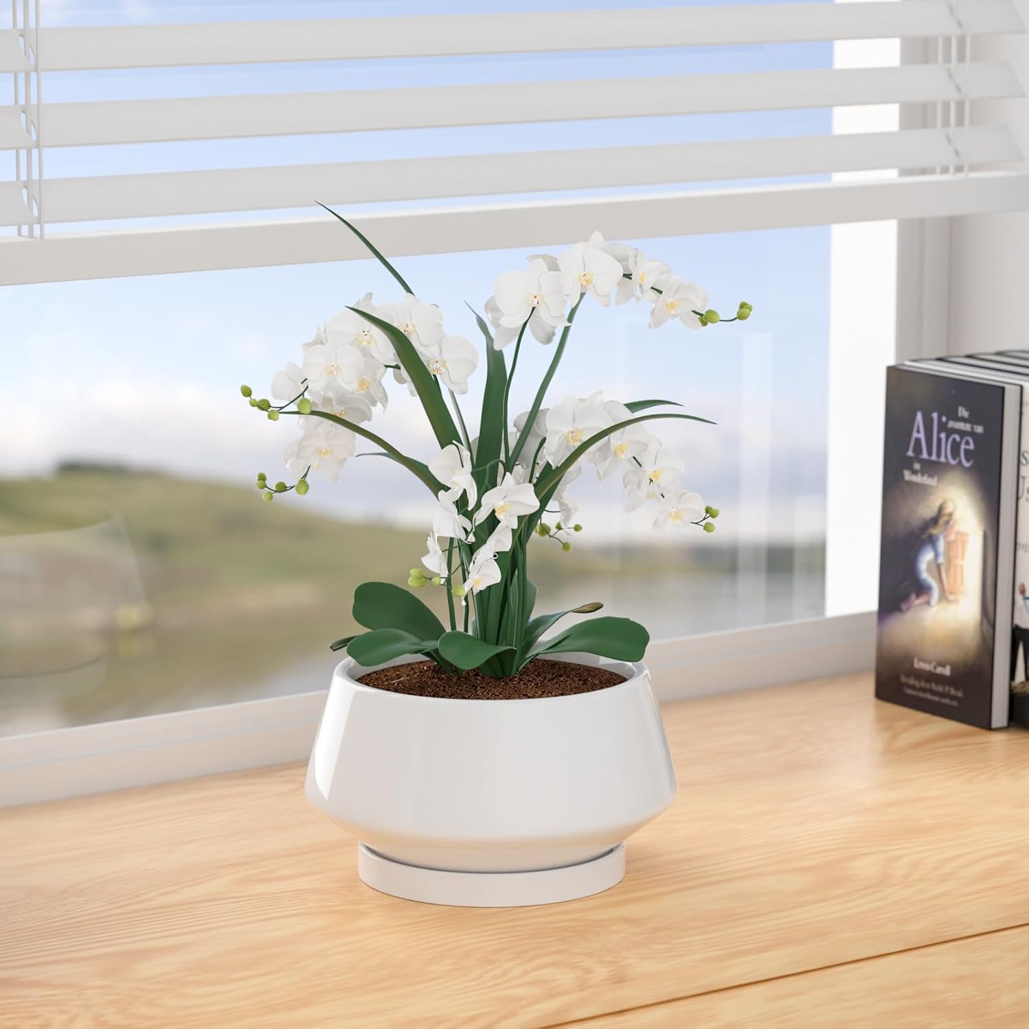 8.3 Inch White Ceramic Planter with Drainage Hole and Saucer | Ideal for Indoor and Outdoor Plants, Modern Home Decor